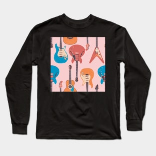 Guitar music pattern on pink Long Sleeve T-Shirt